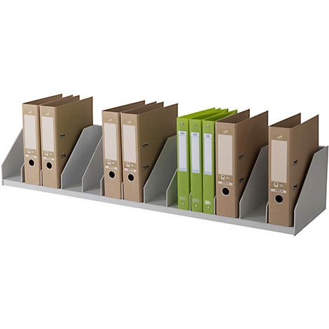 A white file stand with brown and green file folders.