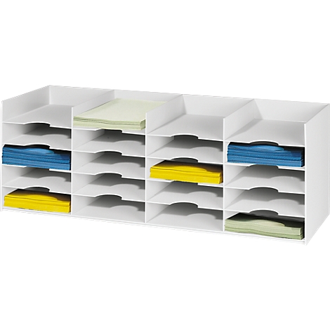 White document organizer with multiple compartments filled with colorful papers.