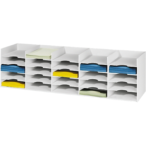 White storage system with multiple compartments, filled with colored paper. The storage has a rectangular shape.