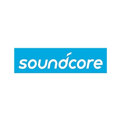 Das Logo von Soundcore: Weißer Schriftzug auf blauem Hintergrund. Der Schriftzug ist Soundcore.