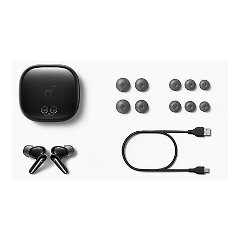 Schwarze In-Ear-KopfhÃ¶rer, Ladekoffer, OhrstÃ¶psel und Ladekabel auf weiÃŸem Hintergrund.