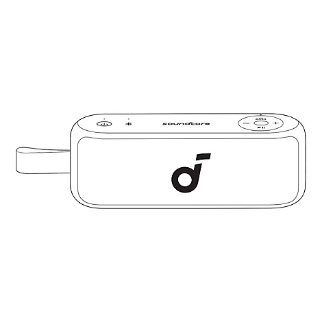 Weißer Soundcore-Lautsprecher mit schwarzem Logo und Bedienelementen.