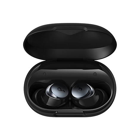 Schwarze Ohrhörer in einer geöffneten Ladebox mit silbernen Akzenten. Die Ohrhörer haben das Logo "Soundcore".