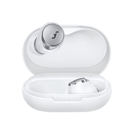 Weiße In-Ear-Kopfhörer in geöffneter Ladebox. Ein Kopfhörer liegt in der Box, der andere daneben.