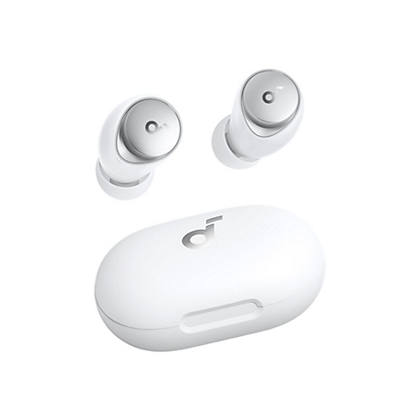 Weiße kabellose Ohrhörer mit Ladecase. Zwei Ohrhörer und Case vor weißem Hintergrund.
