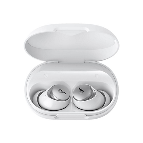 Weißes Ladecase, geöffnet, mit zwei weißen Ohrhörern; das Ladecase hat die Beschriftung L und R.