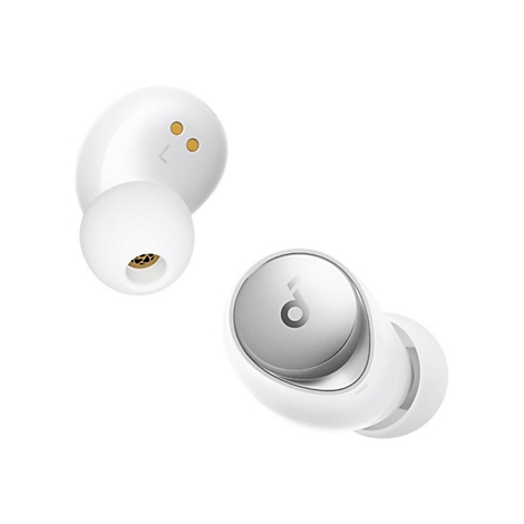 Zwei weiße kabellose Ohrhörer auf weißem Hintergrund.