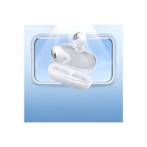 Weiße kabellose Ohrhörer und Ladecase mit Himmels-Hintergrund, hell beleuchtet.