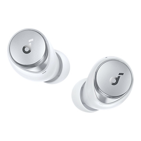 Zwei weiße Soundcore In-Ear-Kopfhörer mit silbernen Akzenten, auf weißem Hintergrund.