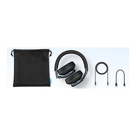 KopfhÃ¶rer, schwarze Ohrmuscheln, BÃ¼gel, Tasche und Kabel. Der KopfhÃ¶rer ist mit ZubehÃ¶r auf weiÃŸem Hintergrund.
