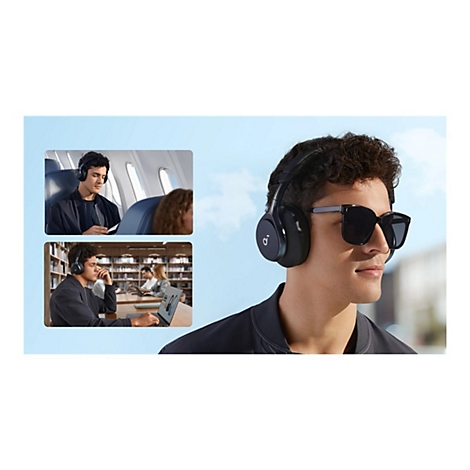 Mann mit Sonnenbrille und KopfhÃ¶rern, in kleinen Fenstern: Mann im Flugzeug, Mann in der Bibliothek mit Laptop.