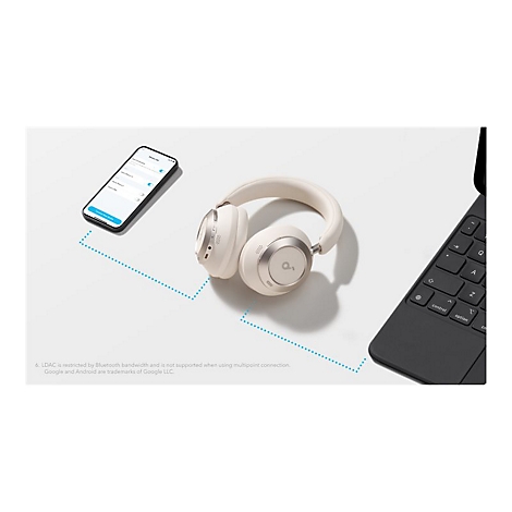 WeiÃŸes Headset mit Telefon und Tastatur. Die GerÃ¤te sind mit einer gestrichelten Linie verbunden.