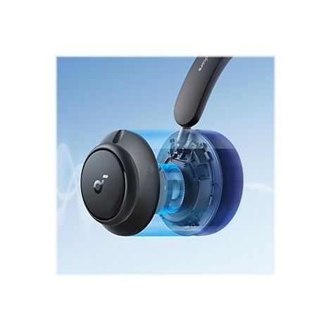 Nahaufnahme eines schwarzen KopfhÃ¶rers mit blauem Akzent, der teilweise zerlegt dargestellt wird. Im Hintergrund blaues Leuchten.