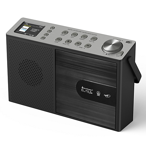 Dunkelgraues Radio mit Holzoptik-Front, Bildschirm und Bedienelementen.