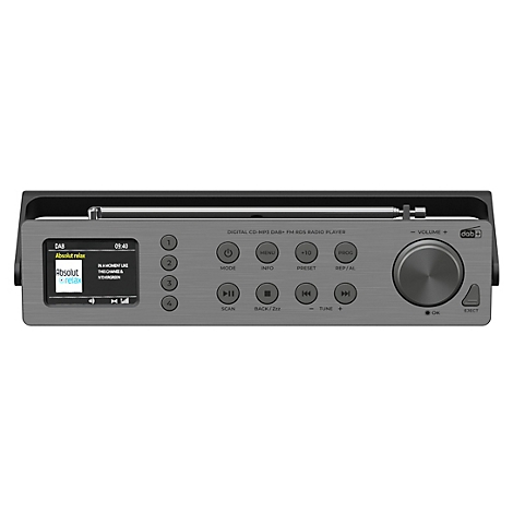 Graues Digitalradio mit Bildschirm und Knöpfen. Das Display zeigt DAB und den Sender. Aufgedruckter Text.