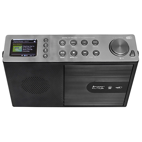 Draufsicht auf ein schwarzes und silbernes Digitalradio mit Bildschirm, Knöpfen und einem Drehregler.