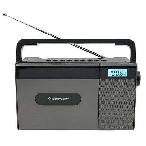 Schwarzes Soundmaster-Radio mit Tragegriff, ausziehbarer Antenne und digitaler Anzeige.