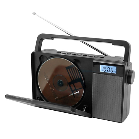 Schwarzes tragbares Radio mit CD-Player und ausgezogener Antenne vor weißem Hintergrund.