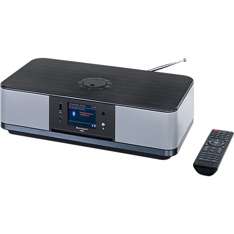 Draadloze radio met afstandsbediening; grijze zijkanten, zwarte bovenkant, display met Bluetooth-optie.