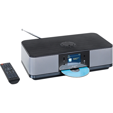 Donkere radio met cd-speler. Een cd-lade is geopend. Inclusief afstandsbediening. Antenne rechtsboven.