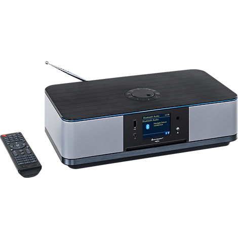 Donkergrijze radio met Bluetooth-functie. Op het display staat "Bluetooth Audio". Daarnaast ligt een afstandsbediening.