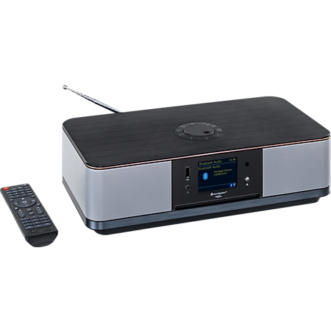 Een zwarte radio met grijze zijkanten en afstandsbediening. Het scherm toont Bluetooth audio.