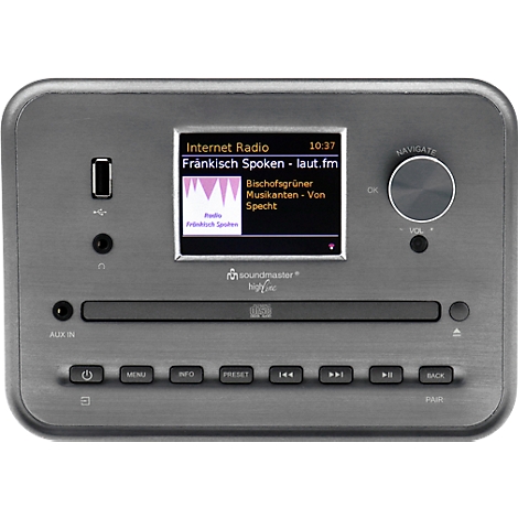 Radio gris avec écran, port USB, boutons et bouton rotatif, affichant la radio Internet. Musikanten-Von Specht.