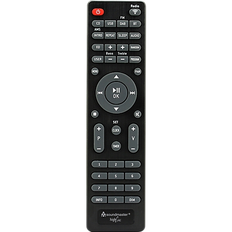 Télécommande noire avec de nombreux boutons. Bouton radio et marche/arrêt en haut, CD, USB, DAB, BT, etc. en dessous. Bouton de lecture avec OK au milieu.