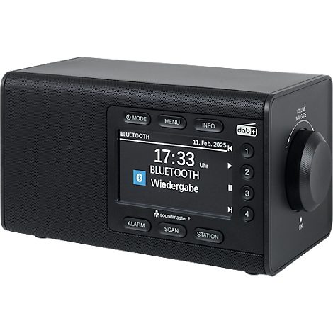 Radio DAB+ noir avec écran affichant l'heure, Bluetooth et la lecture. Boutons de commande, contrôle du volume et touches de station sont présents.