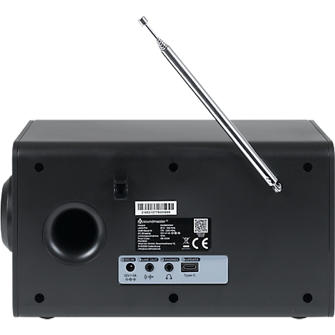 Dos d'une radio noire avec antenne rétractable. Ports : alimentation, sortie ligne, casque, USB-C.