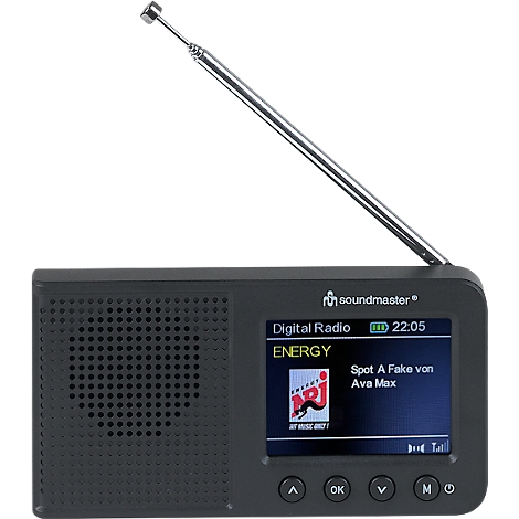 Radio numérique noir avec une antenne rétractable. L'écran affiche "Energy" et le titre d'une chanson.