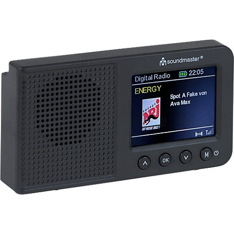 Radio numérique noir, écran avec informations, logo Energy, station de radio, titre, heure, boutons.