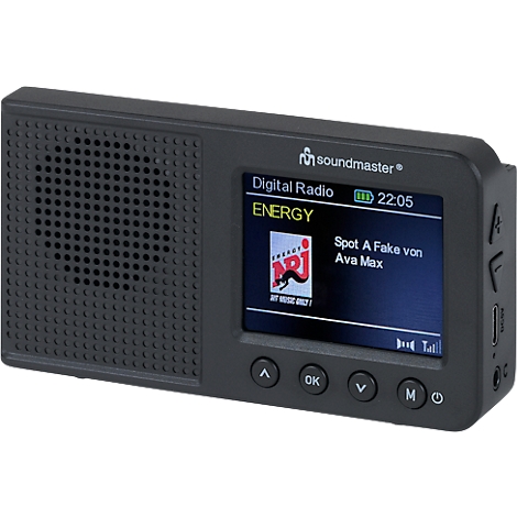Radio numérique noire, marque soundmaster, avec écran et boutons. Sur l'écran : ENERGY, logo, heure.