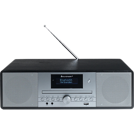 Radio Soundmaster sombre avec antenne déployée, écran affichant la connexion Bluetooth.