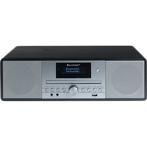 Radio Soundmaster noir avec façade argentée. L'écran affiche 'Bluetooth connecté'. Port USB et boutons en bas.