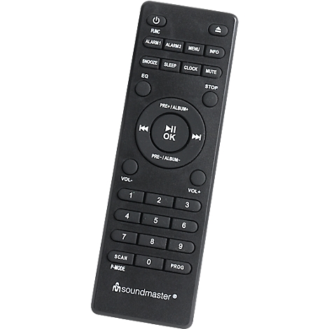 Télécommande noire avec de nombreux boutons. Les inscriptions sont blanches. L'inscription "soundmaster" est visible en bas.