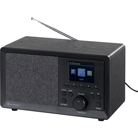 Radio gris foncé avec effet bois, tissu gris à gauche, écran et boutons.