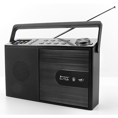 Radio noir avec façade aspect bois, boutons et antenne. Il y a une poignée de transport en haut. Le mot "ELITE" est visible à l'avant.