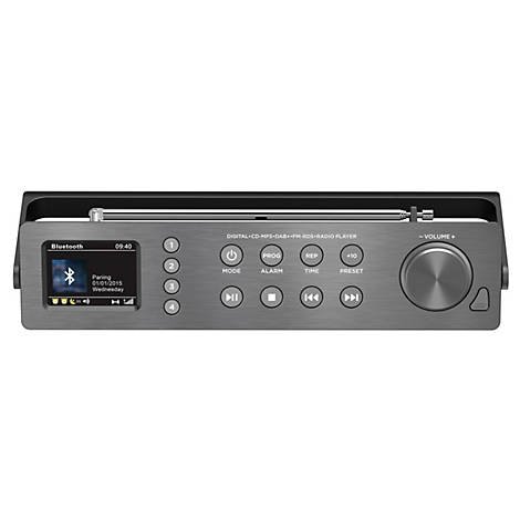 Radio DAB aspect métallique avec boutons et affichage indiquant la fonction Bluetooth et l'heure.