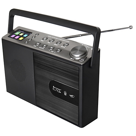Radio rétro gris foncé avec poignée, antenne et boutons. En haut se trouve un petit écran avec des boutons colorés.