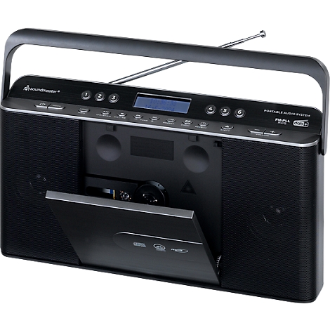 Système audio portable noir avec compartiment CD ouvert et antenne déployée.