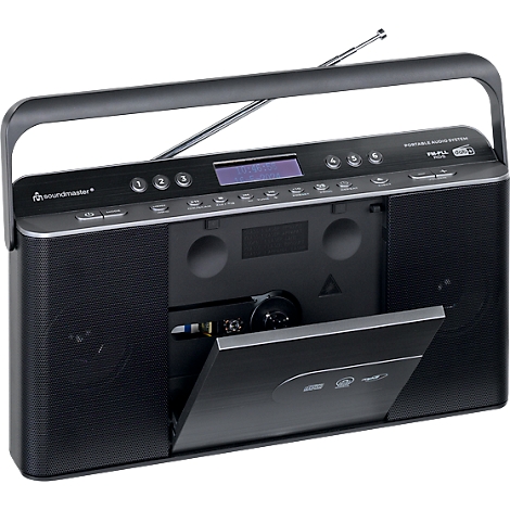 Système audio portable noir avec lecteur CD ouvert, antenne et poignée de transport.