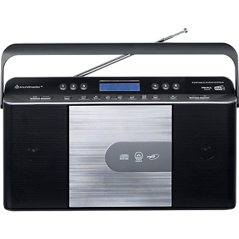 Radio portable noir avec porte CD argentée, écran et antenne. Il possède une poignée de transport sur le dessus.