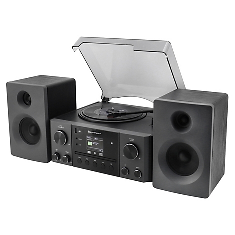 Dunkelgraue Stereoanlage mit zwei Lautsprechern, Plattenspieler mit geöffnetem Deckel, Display.