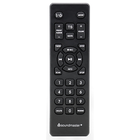 Schwarze Fernbedienung mit Knöpfen. Oben: Ein/Aus, Mode. Mitte: Wiedergabe, Pause, Info, Mute. Unten: Zifferntasten, Delete, Program.