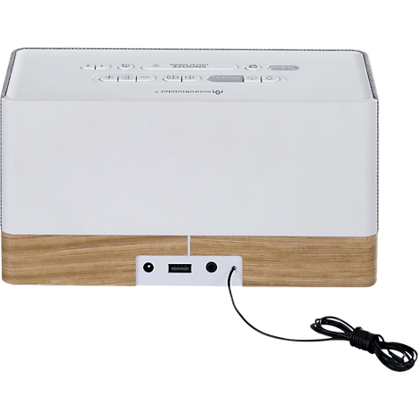 Radio-réveil blanc avec socle en bois. Arrière : alimentation, USB et prise casque.