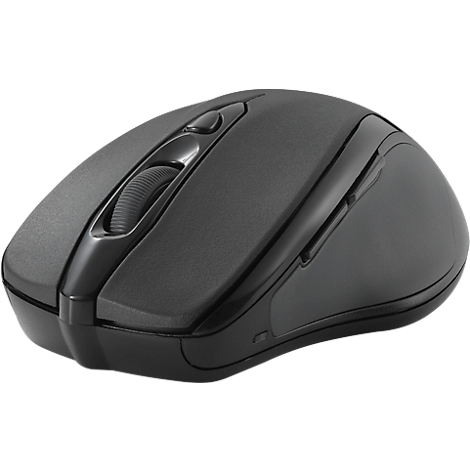 Souris d'ordinateur noire avec molette de défilement et boutons.