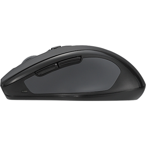 Souris d'ordinateur sans fil en noir et gris. La molette et les boutons latéraux sont clairement visibles.