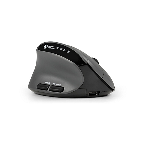 Souris d'ordinateur ergonomique, grise-noire, avec boutons et port USB-C, isolée sur fond blanc.