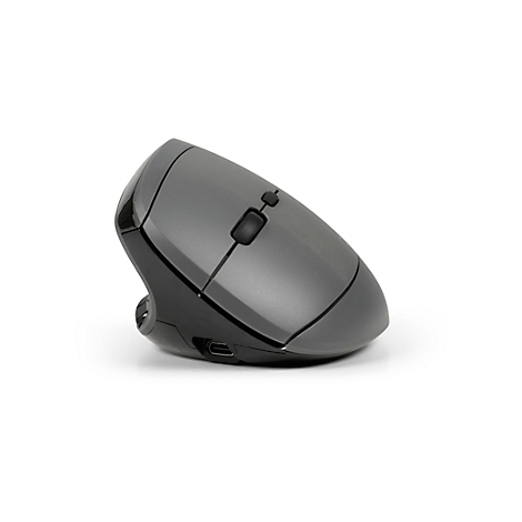 Souris ergonomique grise et noire, sur fond blanc. La souris est inclinée, montrant un bouton et une molette.
